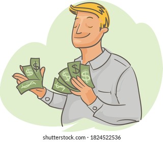 A man of European appearance. Portrait of a man with money. Waist-length vector portrait. A quick drawing. Illustration.