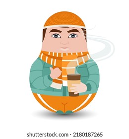 A man of European descent, dressed in warm clothes, holds a hot drink in his hand. Modern kawaii dolls for your business project. Flat vector illustration.