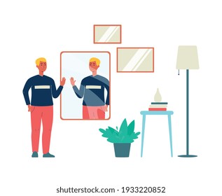 Man evaluating his appearance by looking in the mirror, flat vector illustration isolated on white background. Positive attitude to body and self-acceptance.