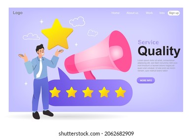 Man evaluating website with five stars. customer feedback score, rating, ranking, review, internet site user experience evaluation. brand persona. Marketing research abstract concept vector.