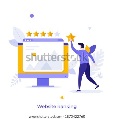 Man evaluating website with five stars and computer screen. Concept of customer feedback score, rating, ranking, review, internet site user experience evaluation. Flat vector illustration for poster.