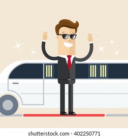 A man in evening dress came out of a limo on the red carpet. Presentation, event, party. Flat, vector, illustration