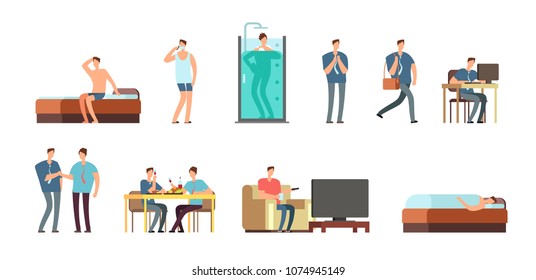 Man in everyday life. People daily routine vector cartoon businessman characters set. Work character everyday, man life and business illustration