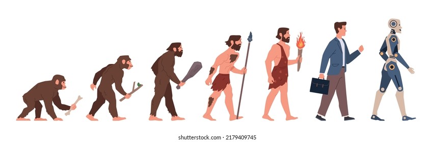 Man evolution. Human ancestor, step by step development, gradual biological genetic changes, from monkey to robot stages, human anthropology concept, nowaday vector cartoon flat set