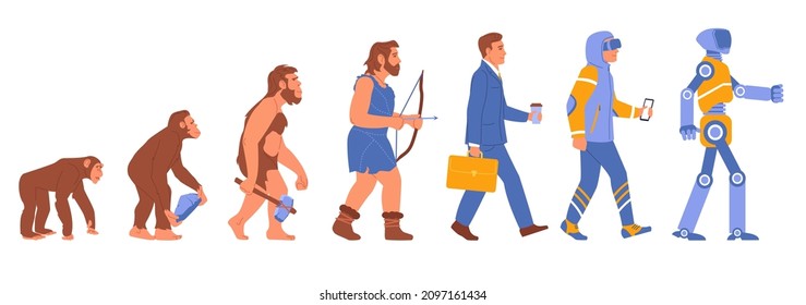 Man evolution. Human development stages. Primate and historical ancestor. Worker or android. People progress. Sequence from monkey to robot. Vector mankind intermediate