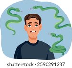
Man with Exaggerated Fear of Reptiles Vector Illustration. Anxious guy having a panic attack thinking of snakes  
