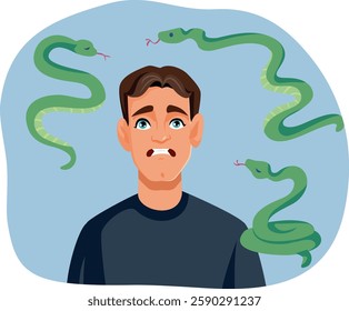 
Man with Exaggerated Fear of Reptiles Vector Illustration. Anxious guy having a panic attack thinking of snakes  
