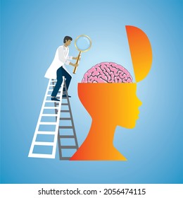 Man examine brain with golden magnifying glass. Vector illustration.