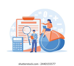 A man examines the bill using a magnifying glass. Women calculate financial reports using laptops and calculators. Accounting concepts. Flat vector illustration.
