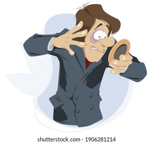 Man examines black eye in mirror. Illustration for internet and mobile website. Funny people. Stock illustration.