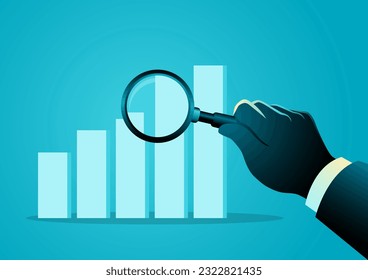 Man examines a graph chart with a magnifying glass, business analysis, economic, corporate growth