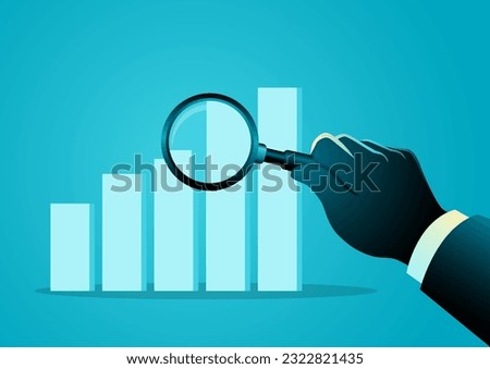 Man examines a graph chart with a magnifying glass, business analysis, economic, corporate growth