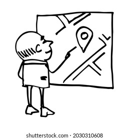 El hombre examina el mapa. Geolocalización en la pantalla. Un boceto dibujado a mano. Ilustración del vector