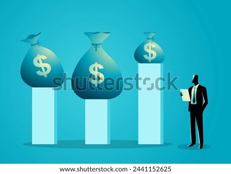 Man examines money bags of various sizes above bar graphs of variable heights, aligns the money bags with the bars, representing optimal investment plans and wealth management procedures