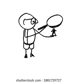 A man examines a small man under a magnifying glass. A hand-drawn cartoon character. Vector illustration.