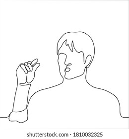 man examines something small on his hand, holding it between his index and thumb. one continuous line drawing a man showing someone the concept of something small