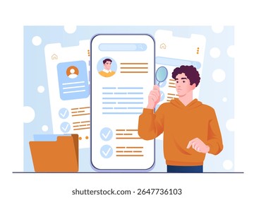 Man examining digital resumes on mobile screens with magnifier, flat graphic style, light abstract background. Concept of online job recruitment. Vector illustration