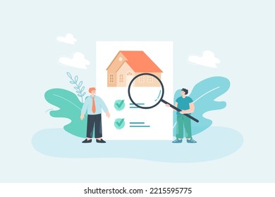 Man examining information about house before buying. Building on paper with checkmarks, agent offering house flat vector illustration. Property, home insurance concept for banner or landing web page