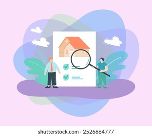 Man examining information about house before buying. Building on paper with checkmarks, agent offering house flat vector illustration. Property, home insurance concept for banner or landing web page