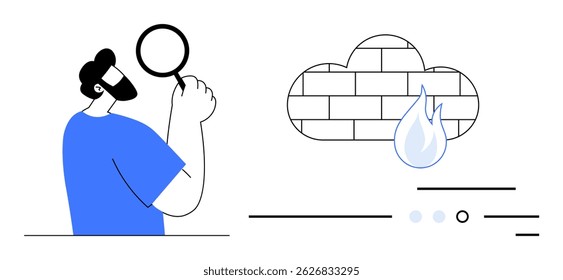 Man examining security details with a magnifying glass in front of a cloud firewall icon. Ideal for cybersecurity, data protection, IT security, cloud computing, network safety, technology services