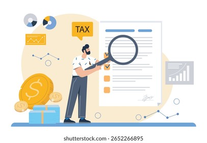 Homem examinando documento fiscal com lupa, rodeado por gráficos financeiros e símbolos monetários, em fundo abstrato. Conceito de auditoria fiscal. Ilustração vetorial
