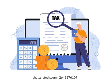 Homem examinando documento fiscal através de lupa, ao lado de moedas e calculadora, tela digital em segundo plano, conceito de auditoria financeira on-line. Ilustração vetorial