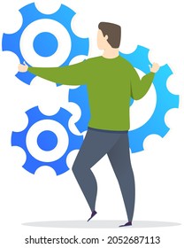 Man examining various gears while working. Setting options, maintenance, repair, fixing concept. Male character works with development settings. Employee fixing gears isolated on white background
