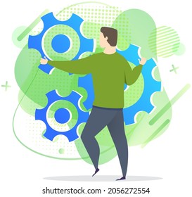 Man examining various gears while working. Setting options, maintenance, repair, fixing concept. Male character works with development settings. Employee fixing gears isolated on white background