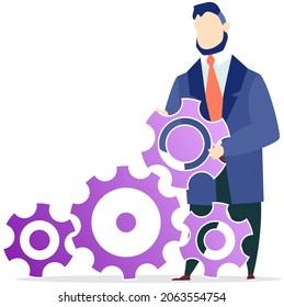 Man examining various gears while working. Setting options, maintenance, repair, fixing concept. Male character works with development settings. Employee fixing gears isolated on white background