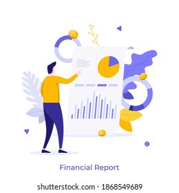 Man examining whiteboard with diagrams on it. Concept of financial report or statement, business presentation, profit or revenue indicators, company's audit. Flat vector illustration for poster.