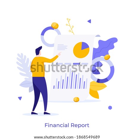 Man examining whiteboard with diagrams on it. Concept of financial report or statement, business presentation, profit or revenue indicators, company's audit. Flat vector illustration for poster.
