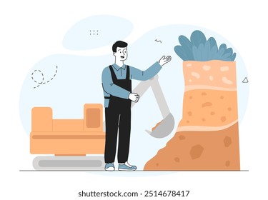 Man excavator operator. Worker with construction equipment digging ground, preparing foundation for construction. Builder and digger. Linear vector illustration isolated on white background