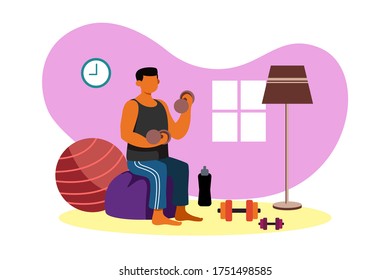 A Man Excercising At Home, Minimalist Flat Illustration