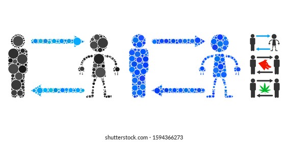 Man exchange robot composition of small circles in variable sizes and color tinges, based on man exchange robot icon. Vector small circles are organized into blue illustration.