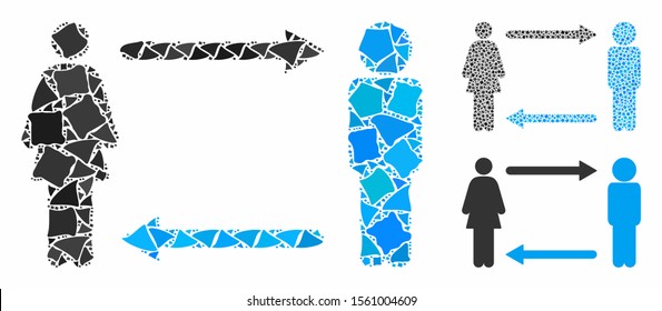 Man exchange woman mosaic of rugged items in different sizes and color tints, based on man exchange woman icon. Vector irregular items are composed into collage.