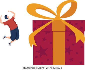 Man excited grand gift present surprise celebration. Jumping joy ecstatic huge box ribbon astonishment. Excited person large red gift celebration happiness