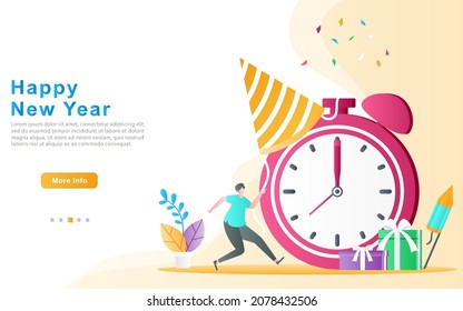 man excitedly pointing at the giant clock to celebrate the new year and prepare gifts. happy new year flat design illustration for landing page, website, banner, flyer, social media template, ui, ux