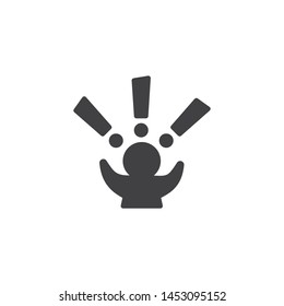 Man with exclamation marks vector icon. filled flat sign for mobile concept and web design. Panic, exclamation glyph icon. Symbol, logo illustration. Vector graphics