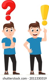 Man with exclamation and question mark on a white background. Pensive man and man with an idea, question and answer