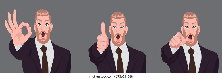 Manos arriba del ejecutivo de un hombre gestos ilustración de estilo personaje de dibujos animados vectoriales