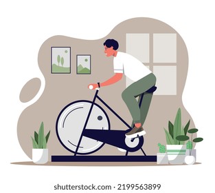 Hombre con bicicleta estática. Entrenamiento cardiovascular en casa, pérdida de peso y quema de grasa. Intenso gimnasio interior. Estilo de vida saludable y activo, deportes. Atleta y deportista. Dibujo vectorial plano de dibujos animados