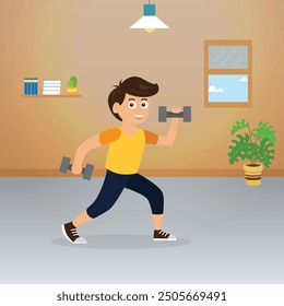 man exercise with dumbbel in home for health illustration soft bright color design