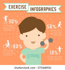 Man exercise infographics run, weight training, bike and yoga isolated on orange background