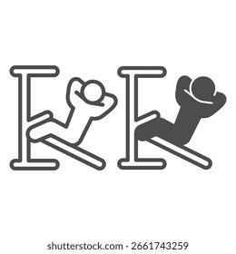 Homem com linha de máquina de exercícios e ícone sólido, conceito de construção do corpo. Gráficos vetoriais. Homem atleta fazendo abdômen treinamento exercício sinal em fundo branco, ícone de estilo de contorno de design móvel ou web