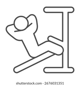 Man with exercise machine thin line icon, body building concept. Vector graphics. Athlete man doing abdomen training exercise sign on white background, outline style icon of mobile or web design