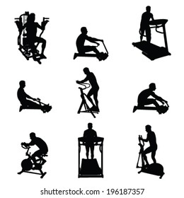 man exercise on various machines vector silhouettes
