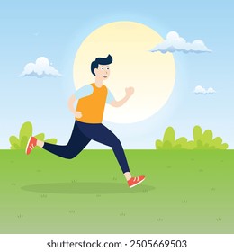 man exercise with run jogging for health outdoor park in morning cool light, flat illustration design