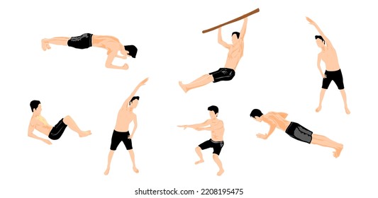 Man exercise. Workout. Sit Up. Pull Up. Push Up. Stretching. Plank.
