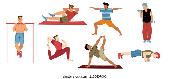 Ejercicio masculino, yoga, personajes masculinos entrenando en gimnasia con dumbombs, deportista haciendo gimnasia y asana, bombeando prensa, poniéndose sobre puños y tirando hacia arriba en ballesta, ilustración de vector plana de arte de línea, set