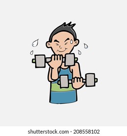 Man exercises with dumbbell cartoon character